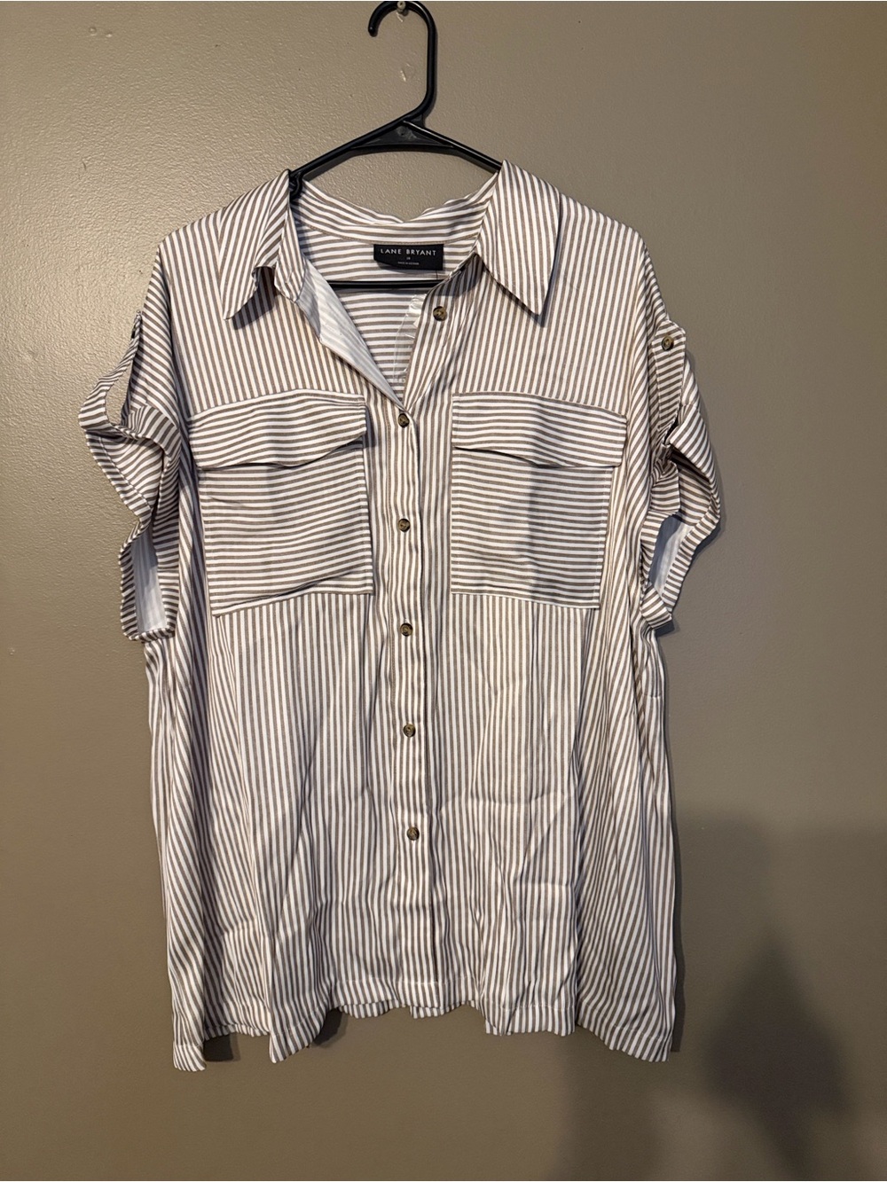 Lane Bryant Striped Short-Sleeve Button-Down Shirt in White and Gray